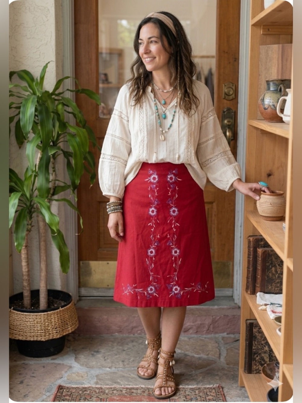 Poleci Embroidered Skirt Womens Sz 8 Vintage Stretch Red Made In USA 90s 80s